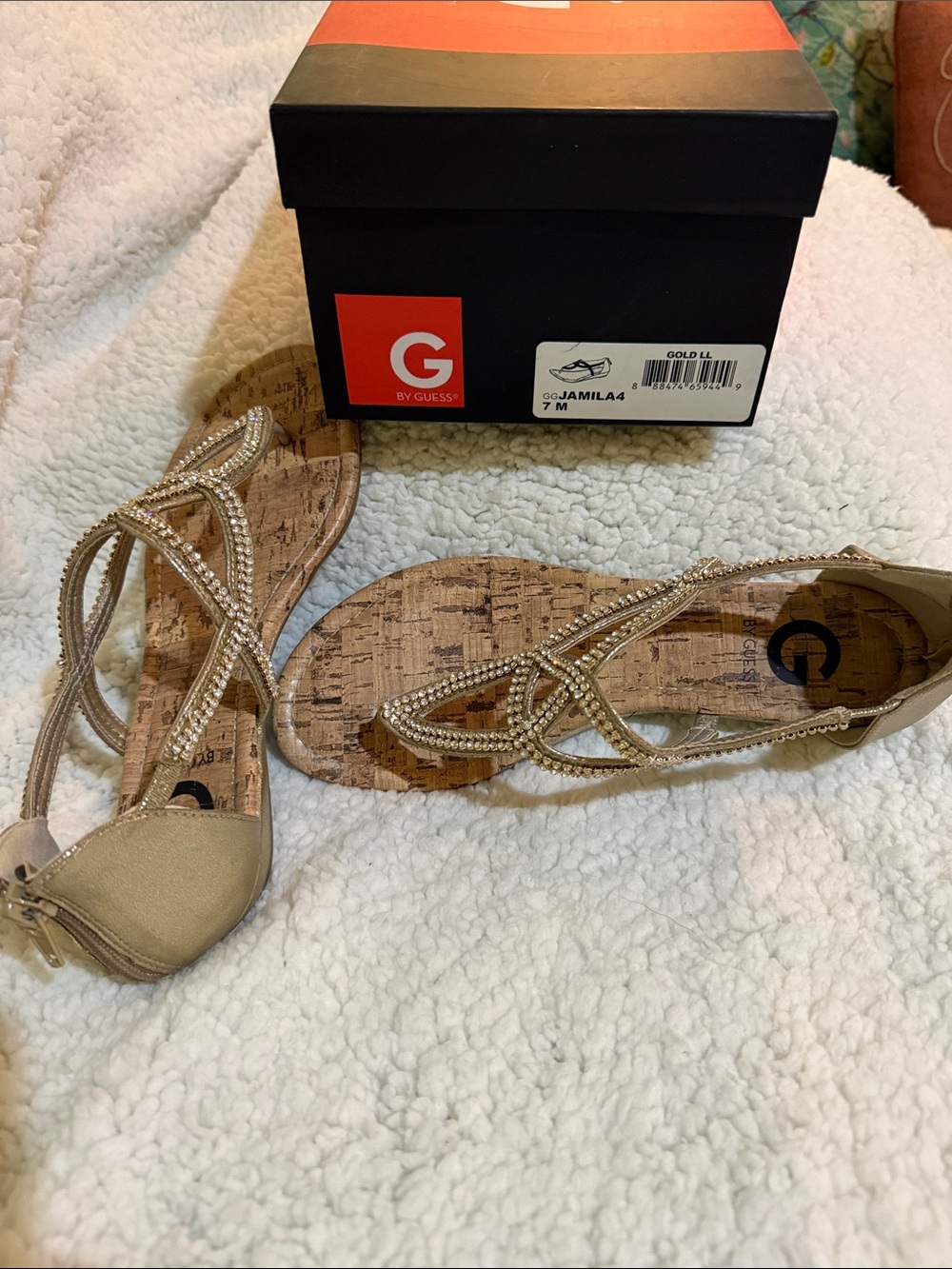 G by Guess Gold Strappy Rhinestone Cork-Effect Women's Sandals